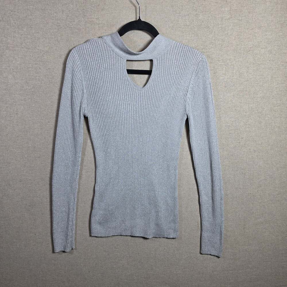 Belldini Womens Silver Metallic Thread  Ribbed Mock Neck Long Sleeve Sweater L